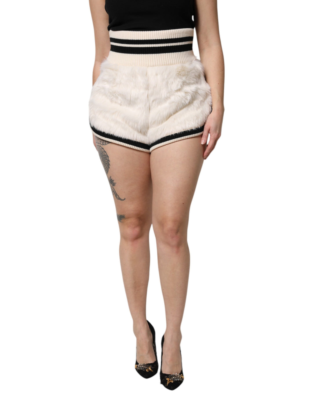 Dolce &amp; Gabbana White Faux Fur High Waisted Hot Pants Short