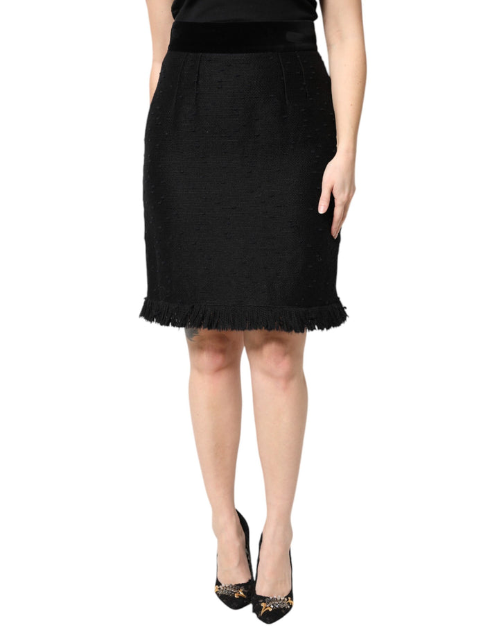 Dolce &amp; Gabbana Black Wool Fringe High Waist Pencil Mini Skirt