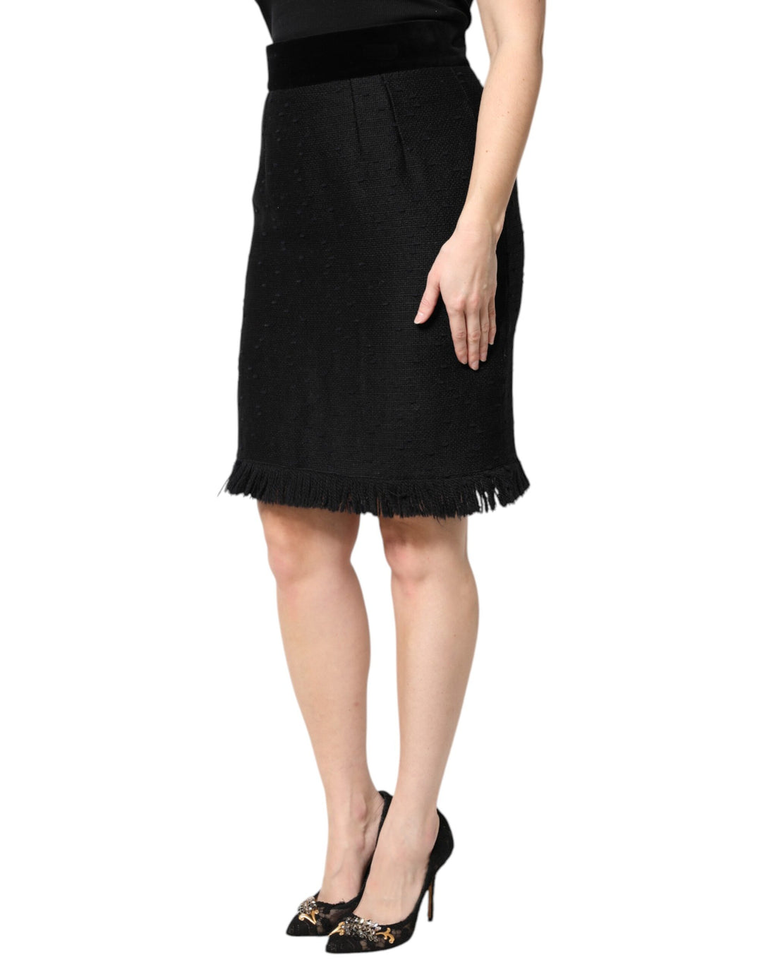 Dolce &amp; Gabbana Black Wool Fringe High Waist Pencil Mini Skirt