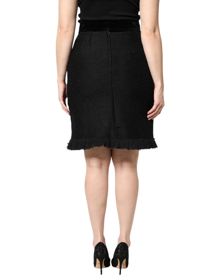 Dolce &amp; Gabbana Black Wool Fringe High Waist Pencil Mini Skirt