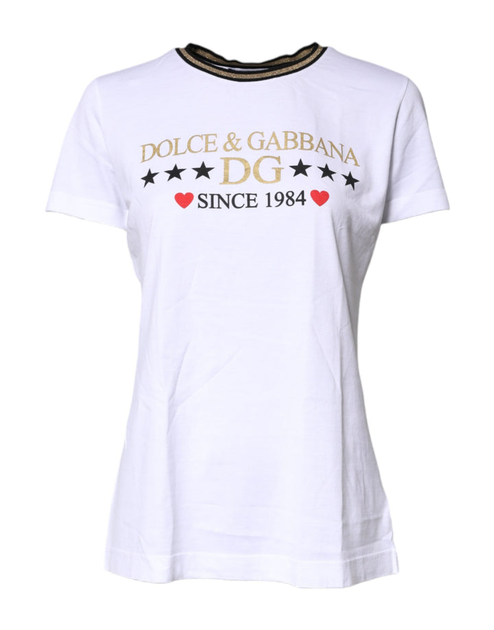 Dolce &amp; Gabbana White Printed Round Neck Top Cotton T-shirt