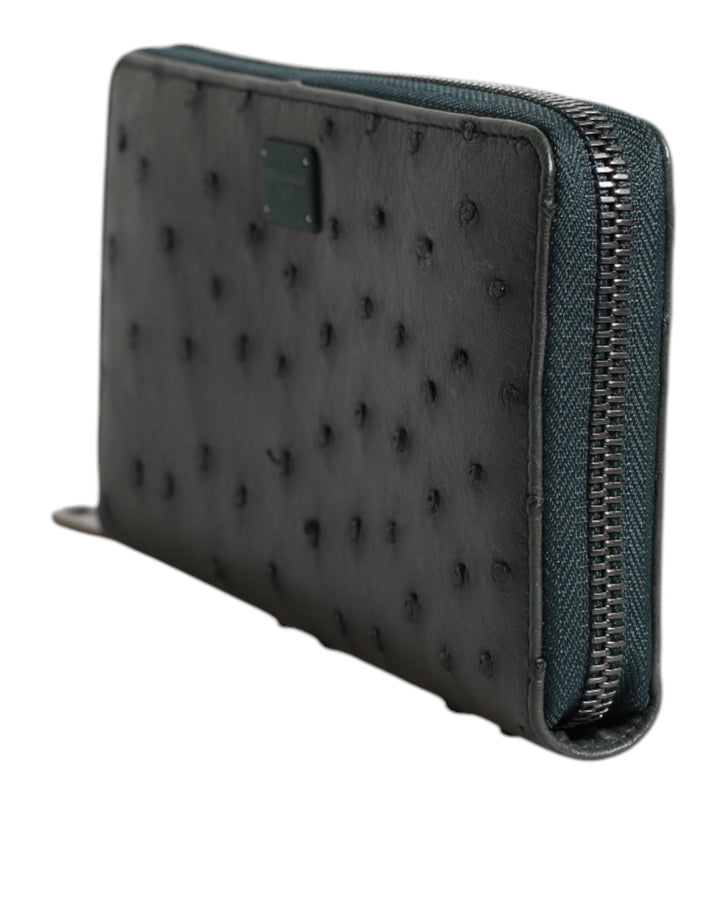 Dolce &amp; Gabbana Green Ostrich Logo Plaque Zip Around Continental Wallet