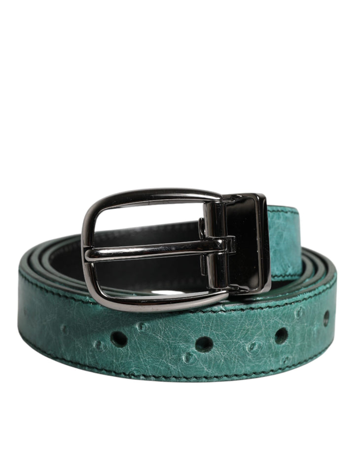 Dolce &amp; Gabbana Green Ostrich Leather Silver Metal Buckle Belt