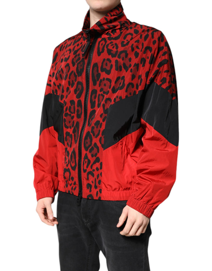 Chaqueta bomber de nailon con cremallera completa y estampado de leopardo rojo de Dolce &amp; Gabbana