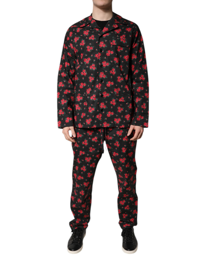Dolce &amp; Gabbana Black Floral Print Cotton Men Pajama Set Sleepwear