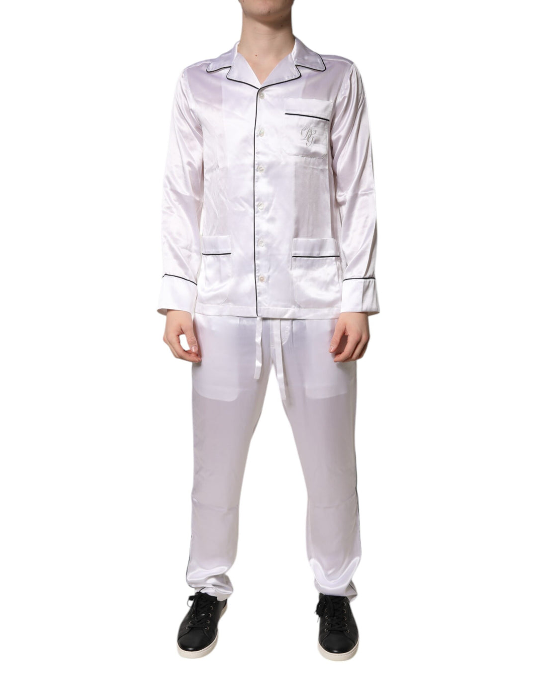 Dolce &amp; Gabbana White Satin Silk Men Pajama Set Sleepwear
