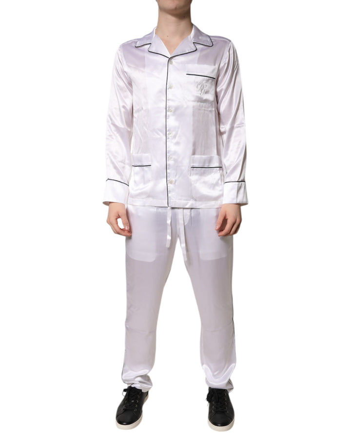 Dolce &amp; Gabbana White Satin Silk Men Pajama Set Sleepwear