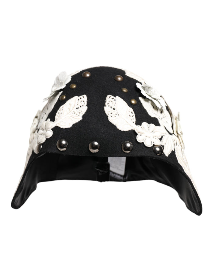 Dolce &amp; Gabbana Black Wool White Floral Gold Leaf Cloche Hat