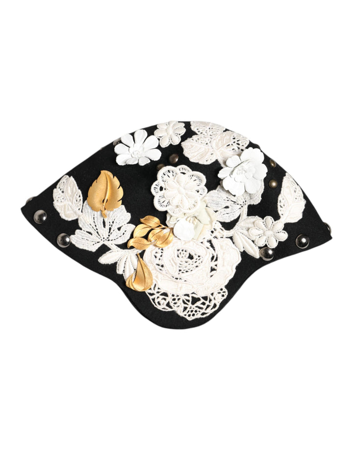 Dolce &amp; Gabbana Black Wool White Floral Gold Leaf Cloche Hat