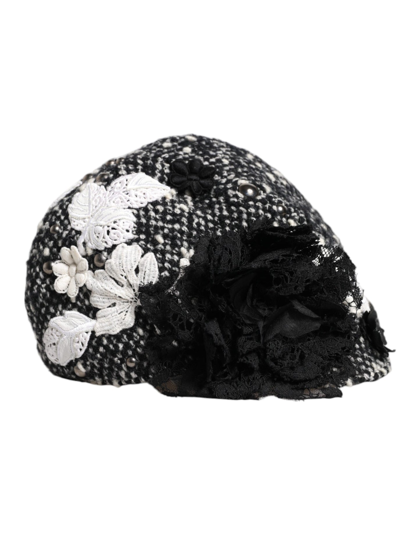 Sombrero cloche de lana negra y blanca con adornos florales de Dolce &amp; Gabbana