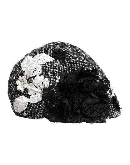 Sombrero cloche de lana negra y blanca con adornos florales de Dolce &amp; Gabbana
