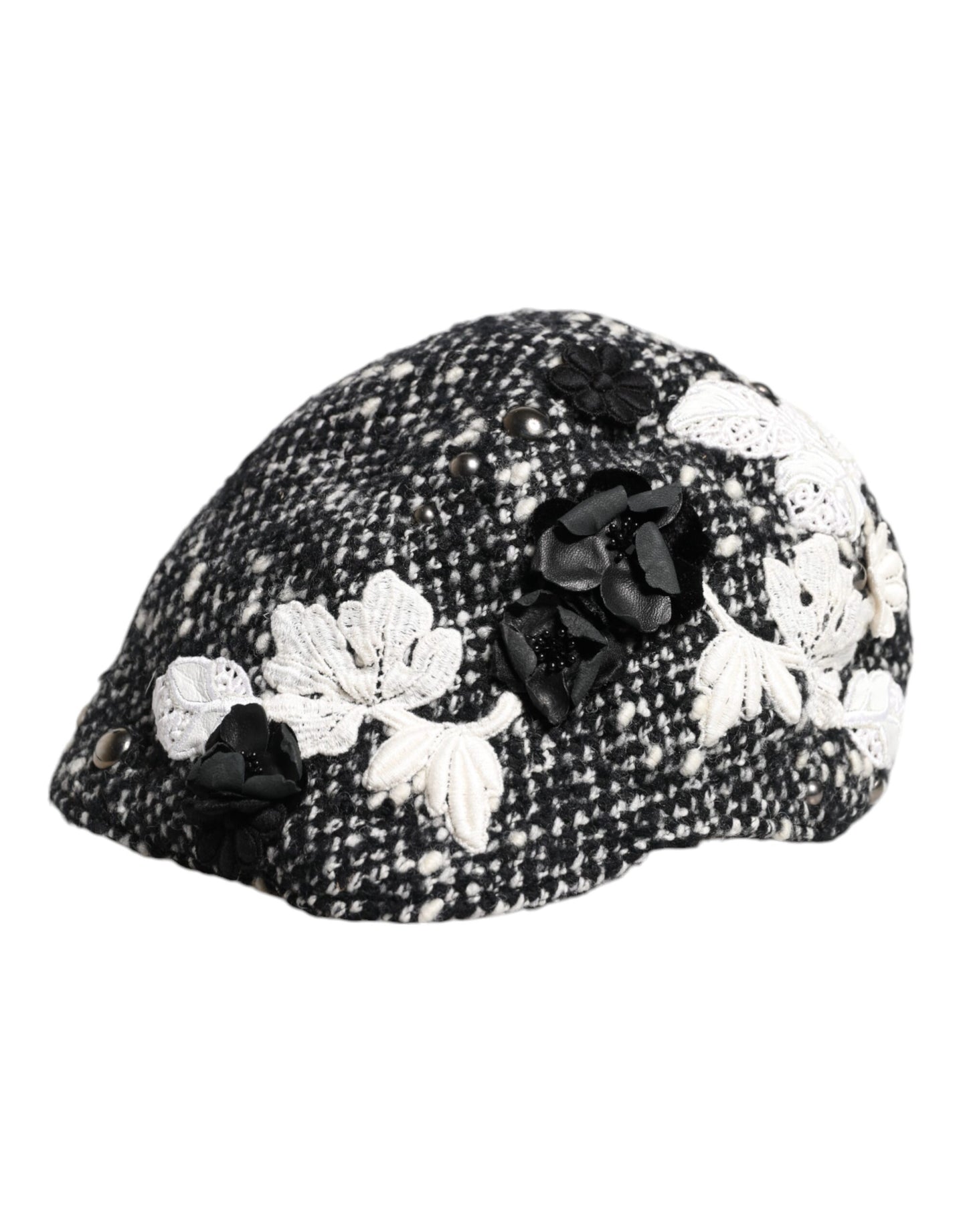 Sombrero cloche de lana negra y blanca con adornos florales de Dolce &amp; Gabbana