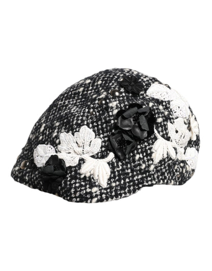 Sombrero cloche de lana negra y blanca con adornos florales de Dolce &amp; Gabbana
