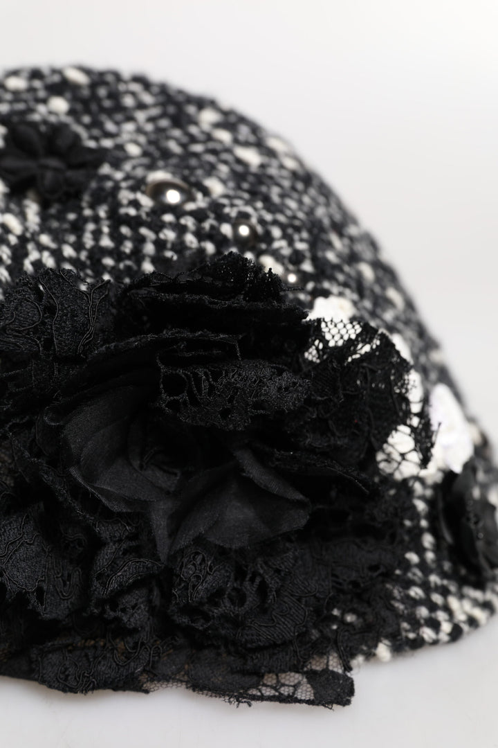 Chapeau cloche Dolce &amp;amp; Gabbana en laine noire à fleurs blanches