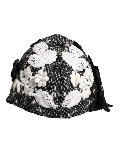 Chapeau cloche Dolce &amp; Gabbana en laine noire à fleurs blanches