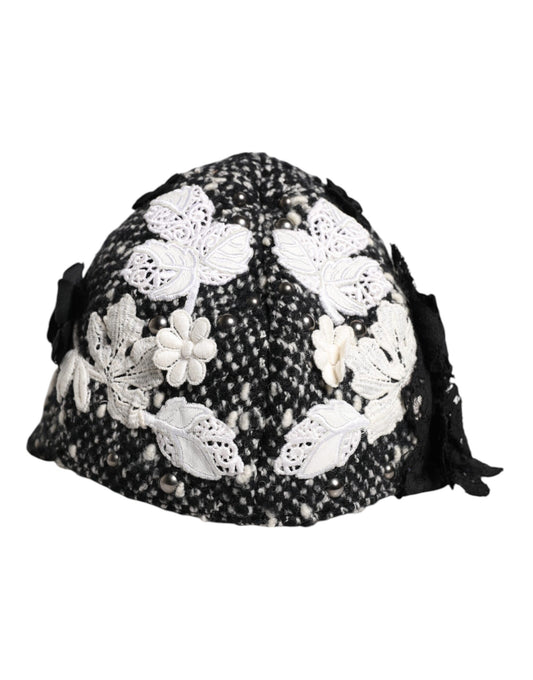 Chapeau cloche Dolce &amp; Gabbana en laine noire à fleurs blanches