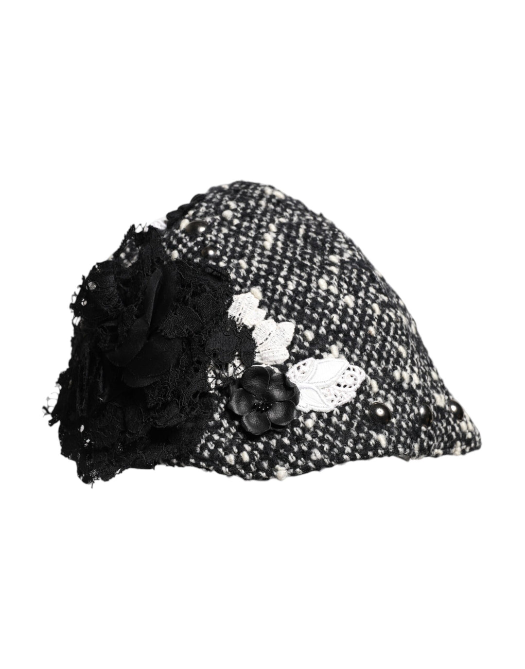 Dolce &amp; Gabbana Black Wool White Floral Embellished Cloche Hat