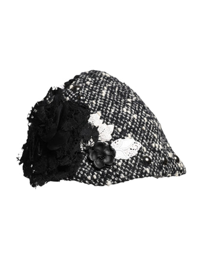 Chapeau cloche Dolce &amp; Gabbana en laine noire à fleurs blanches