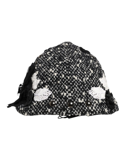 Chapeau cloche Dolce &amp; Gabbana en laine noire à fleurs blanches