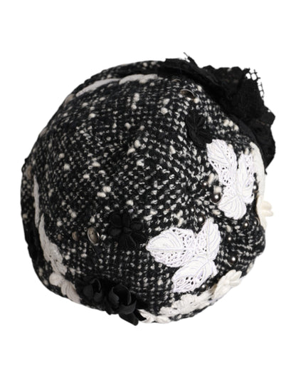 Chapeau cloche Dolce &amp; Gabbana en laine noire à fleurs blanches
