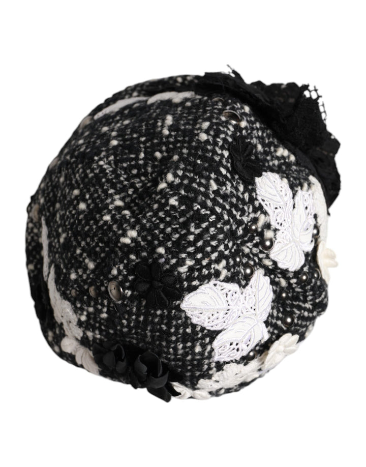 Dolce &amp; Gabbana Black Wool White Floral Embellished Cloche Hat