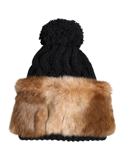 Dolce & Gabbana Black Brown Dyed Rabbit Real Fur Winter Beanie Hat