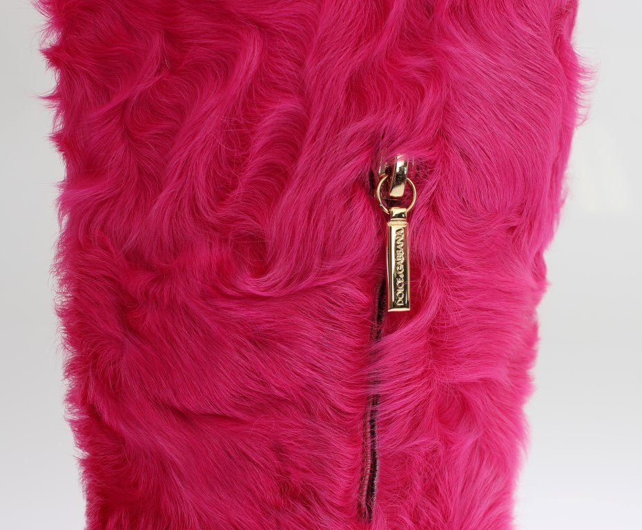 Dolce &amp; Gabbana Pink Lamb Fur Leather Flat Boots