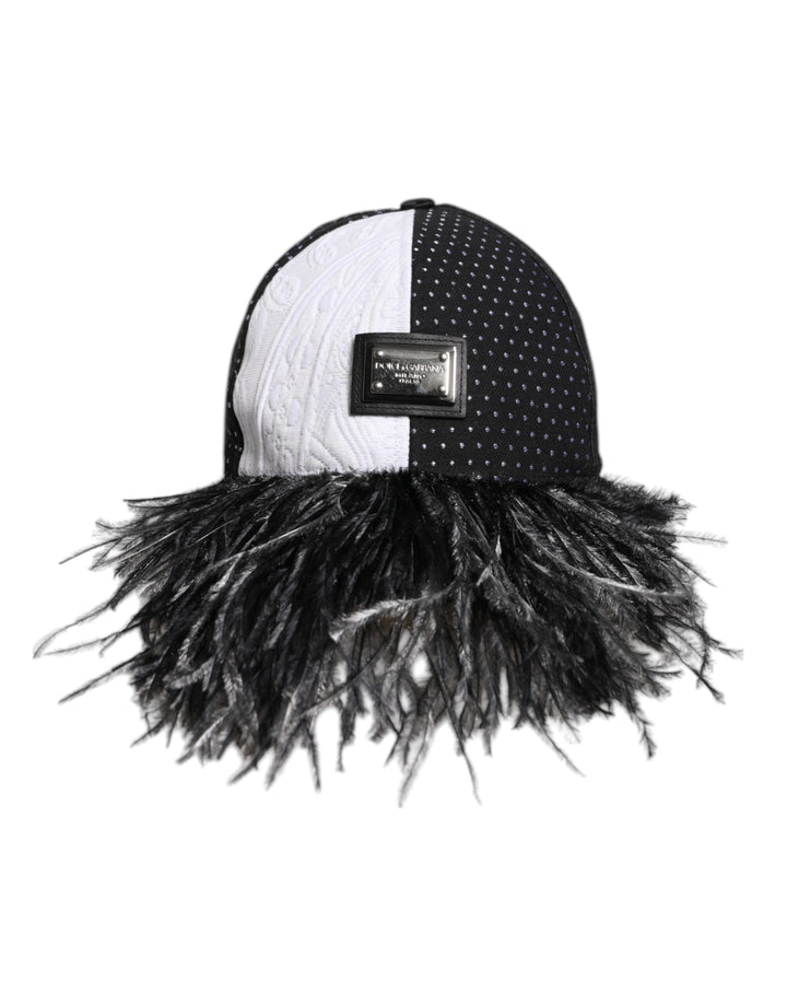 Dolce &amp; Gabbana White Black Polka Dot Feathers Baseball Cap
