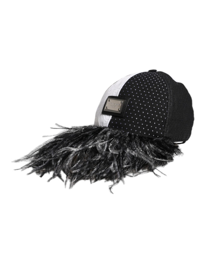 Dolce &amp; Gabbana White Black Polka Dot Feathers Baseball Cap