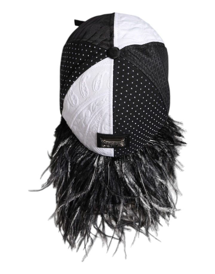 Dolce &amp; Gabbana White Black Polka Dot Feathers Baseball Cap