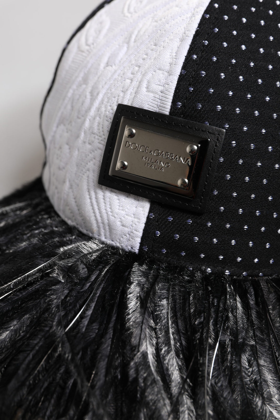 Dolce &amp; Gabbana White Black Polka Dot Feathers Baseball Cap