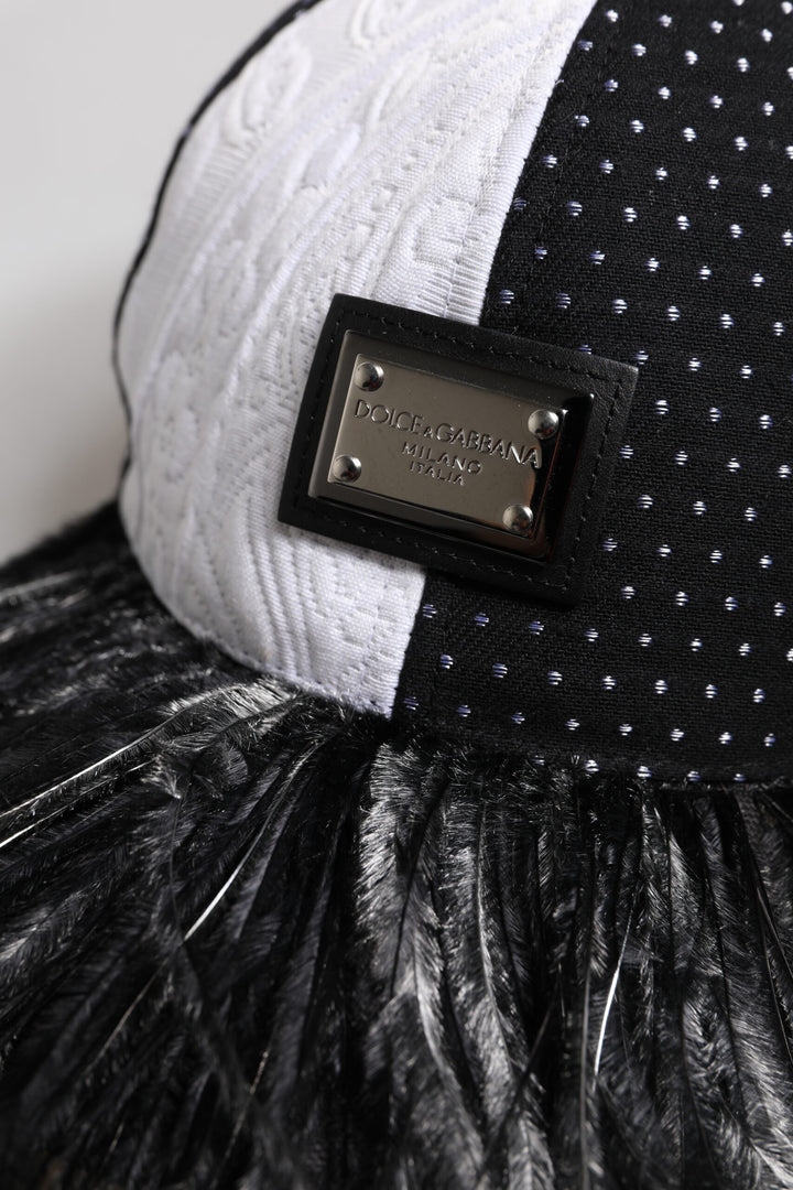 Dolce &amp; Gabbana White Black Polka Dot Feathers Baseball Cap