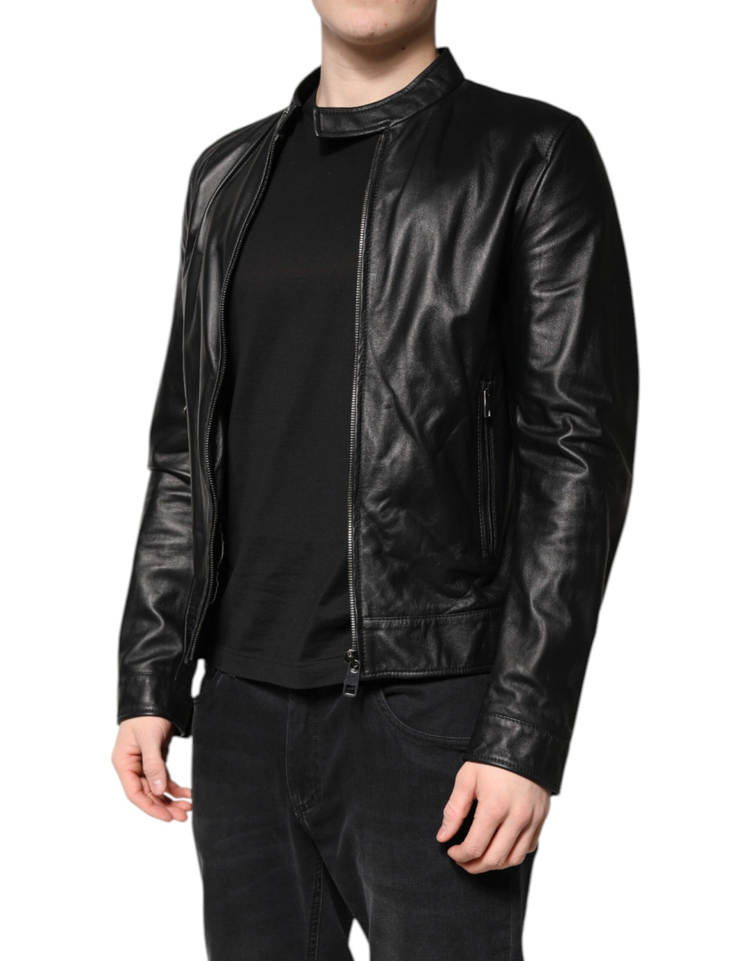 Chaqueta biker de piel de oveja negra con cremallera completa de Dolce &amp; Gabbana
