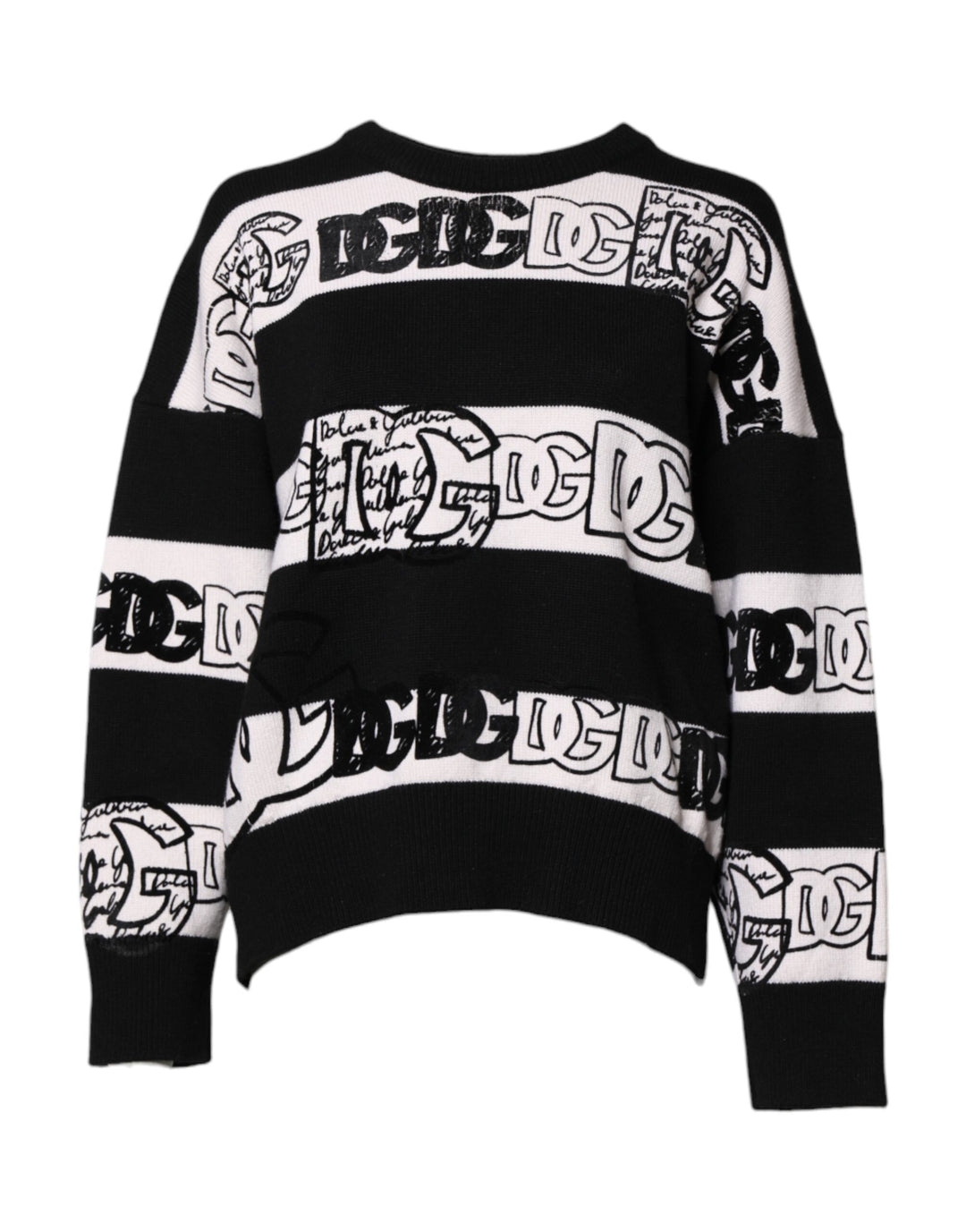 Dolce &amp; Gabbana Black White Logo Print Wool Pullover Sweater