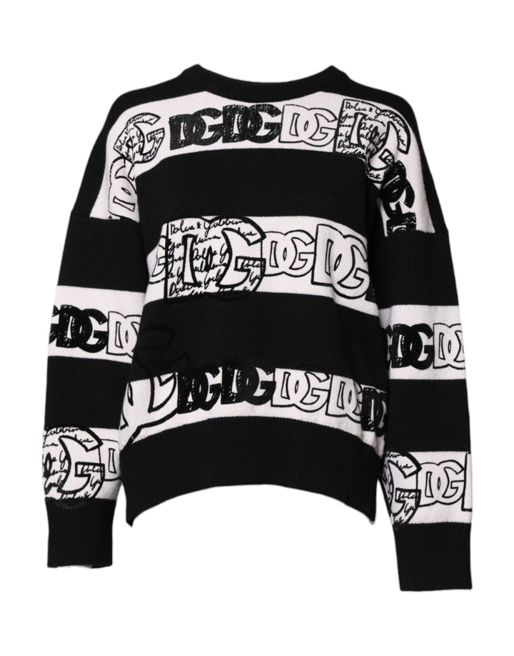 Dolce &amp; Gabbana Black White Logo Print Wool Pullover Sweater