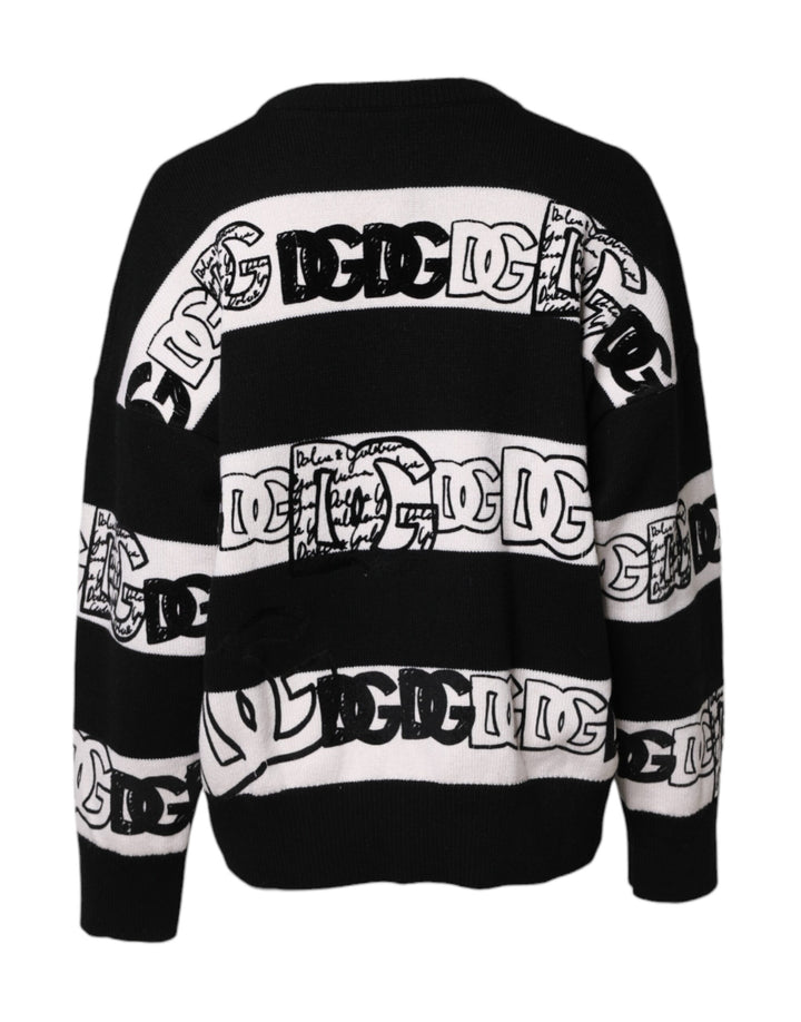Dolce &amp; Gabbana Black White Logo Print Wool Pullover Sweater