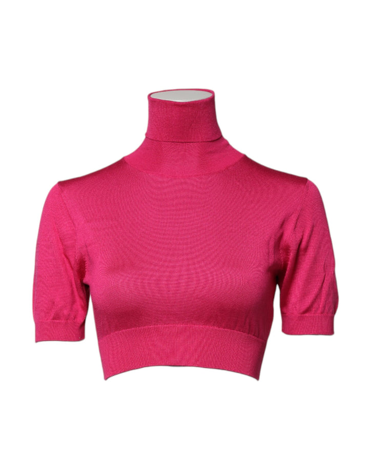 Dolce &amp; Gabbana Pink Silk Knitted Turtleneck Cropped Top
