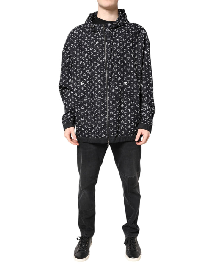 Dolce &amp; Gabbana Black Heart Print Hooded Windbreaker Jacket