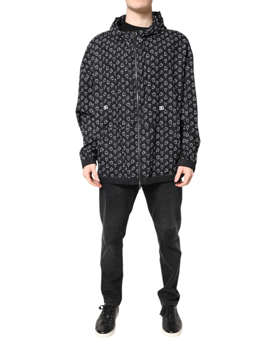 Dolce &amp; Gabbana Black Heart Print Hooded Windbreaker Jacket