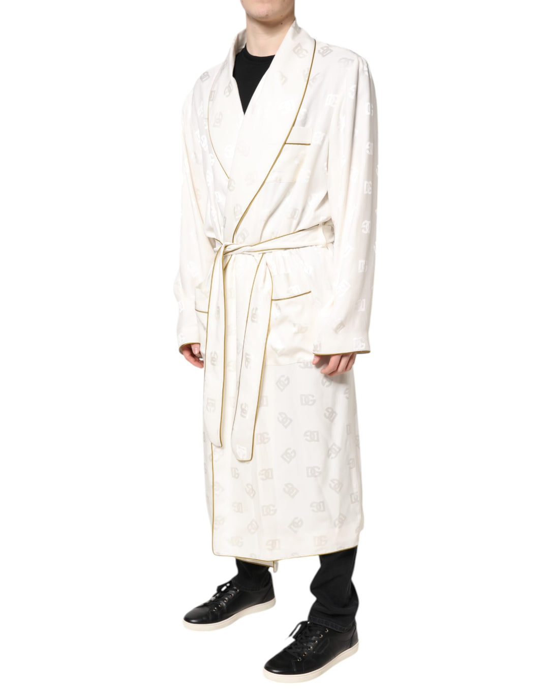 Dolce &amp; Gabbana Ivory Silk Logo Men Wrap Robe Coat Jacket