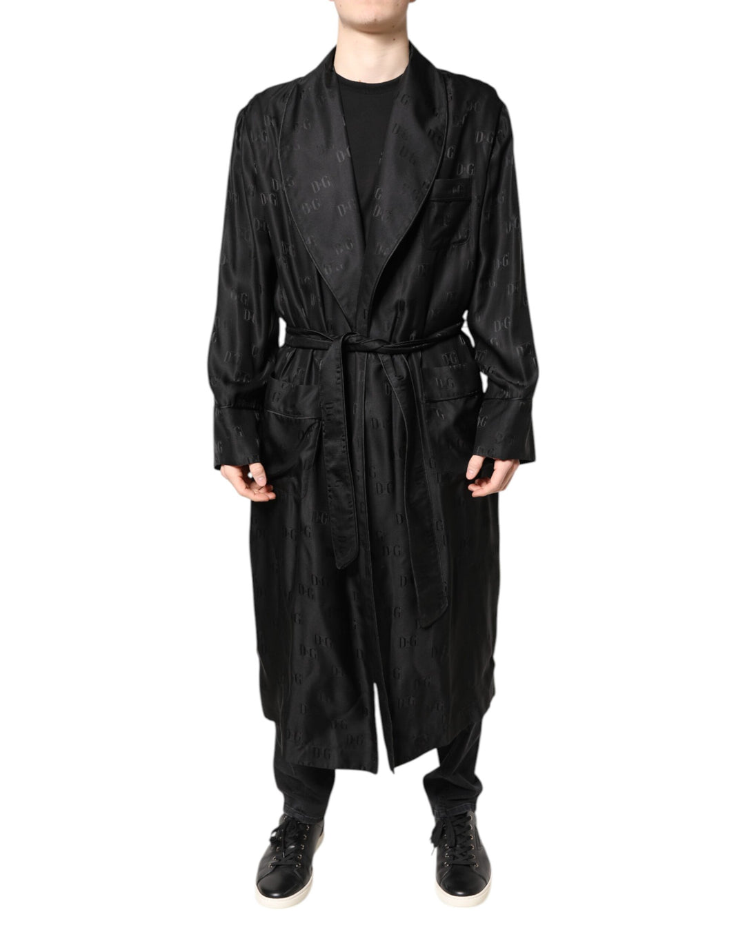 Dolce &amp; Gabbana Black Silk DG Logo Men Wrap Robe Coat Jacket