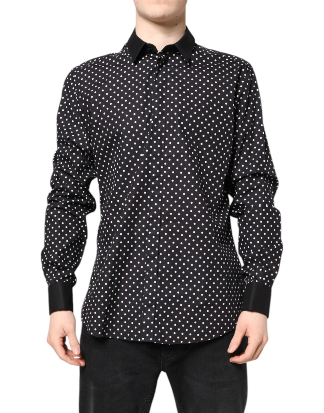 Dolce &amp; Gabbana Black Polka Dot Cotton Formal Dress Shirt