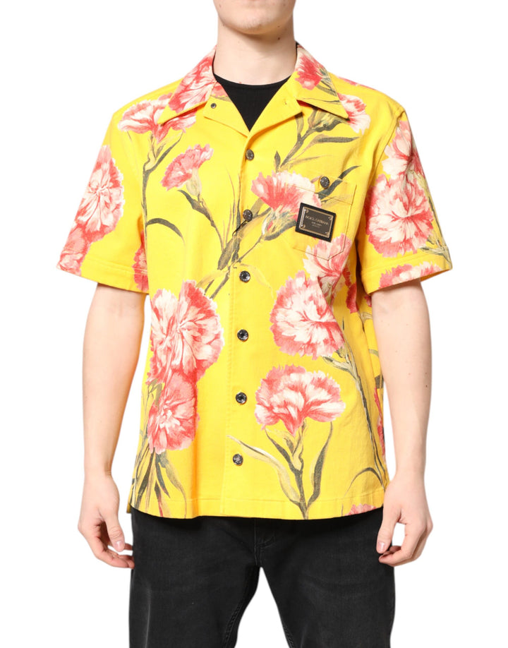 Dolce &amp; Gabbana Yellow Floral Men Button Down Casual Shirt