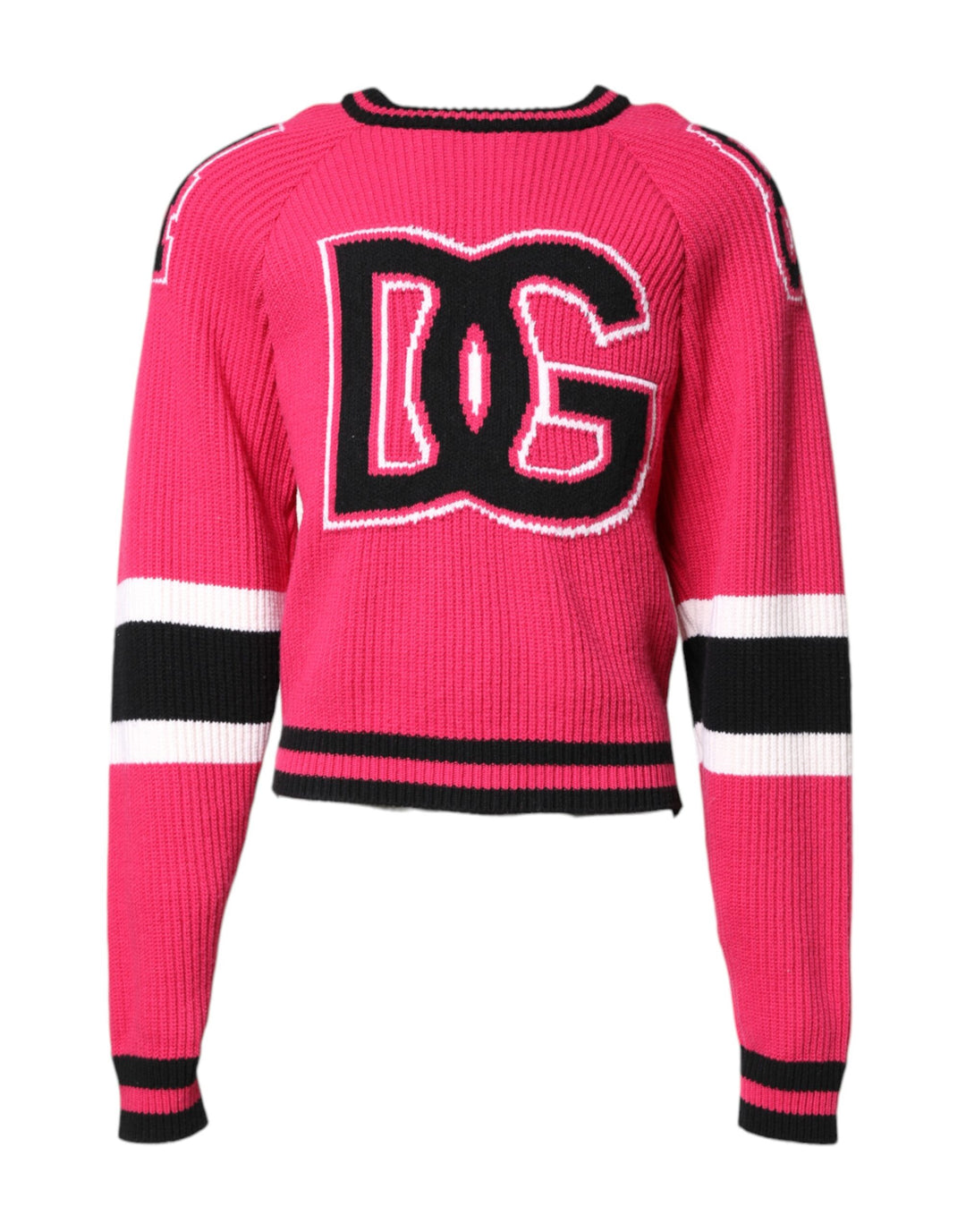 Dolce &amp; Gabbana Pink Cotton Logo Print Knit Pullover Sweater