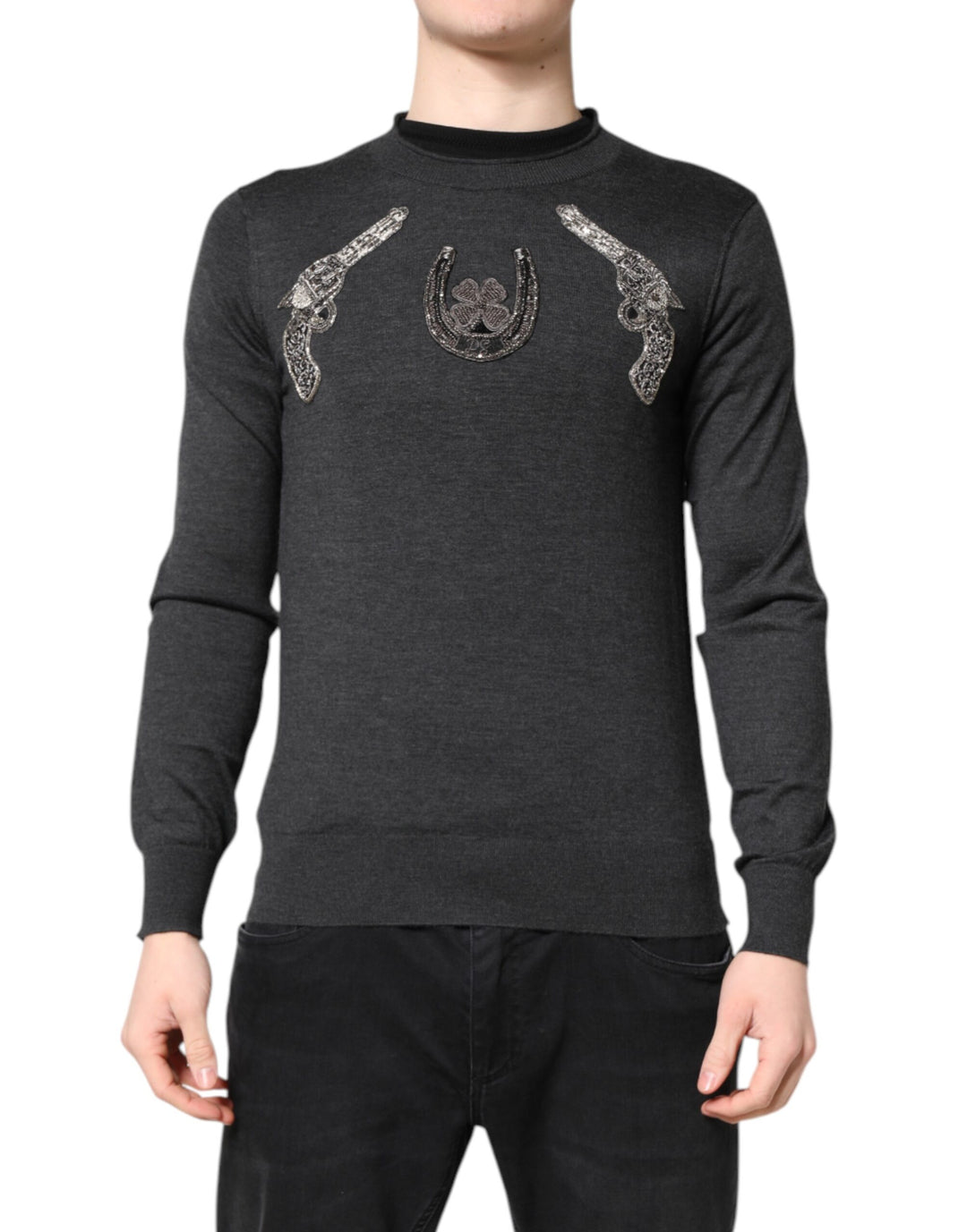 Dolce &amp; Gabbana Gray Embroidery Knit Men Pullover Sweater