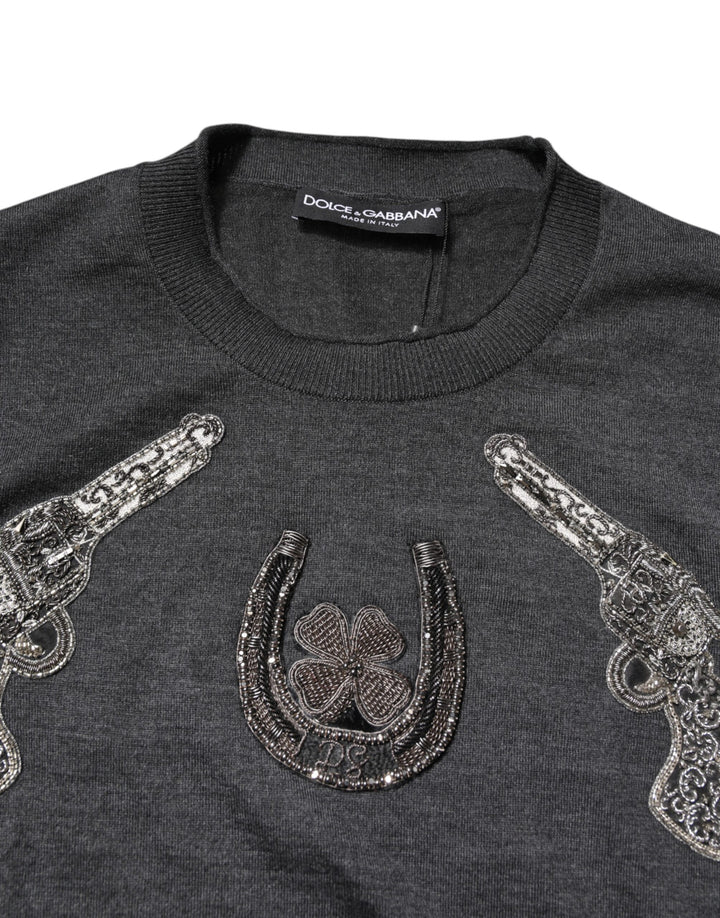 Dolce &amp; Gabbana Gray Embroidery Knit Men Pullover Sweater