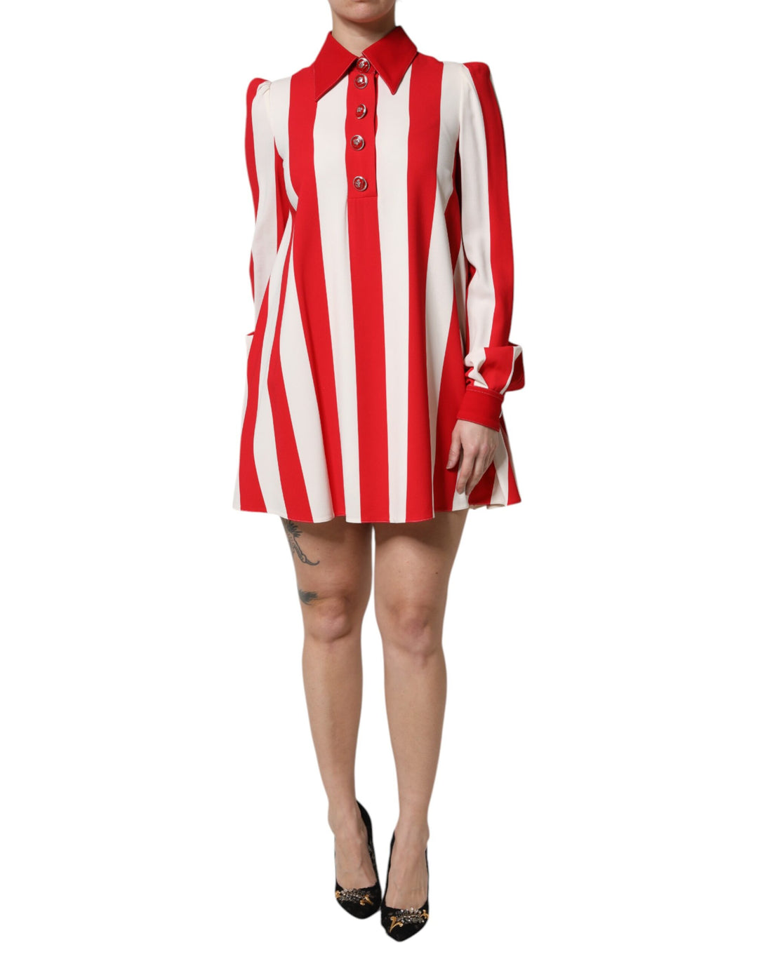 Dolce &amp; Gabbana White Red Stripes Long Sleeves Mini Dress