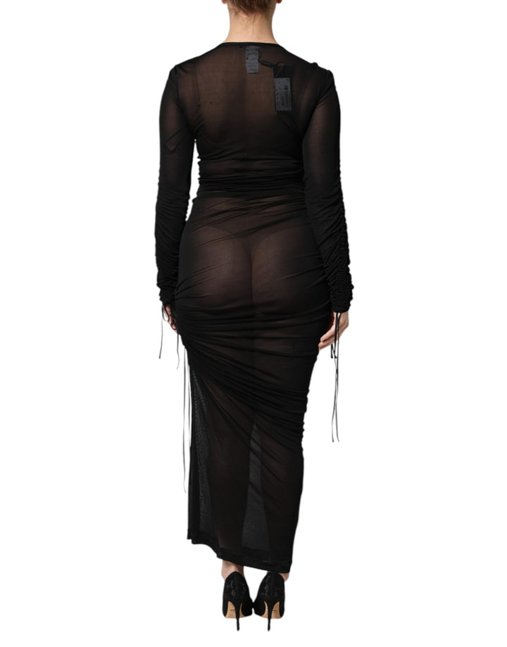 Dolce &amp; Gabbana Black Mesh Trim Bodycon Long Sheath Dress