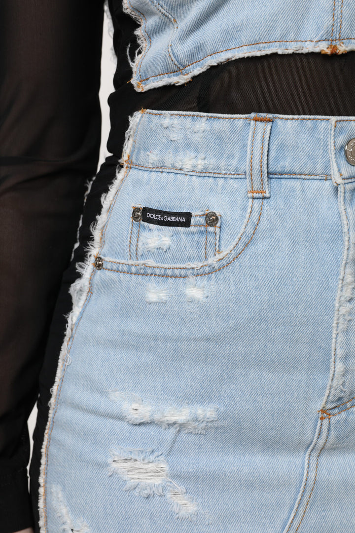 Dolce &amp; Gabbana Black Blue Long Sleeves Denim Mini Dress