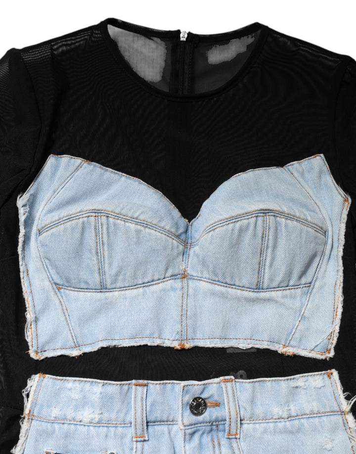 Dolce &amp; Gabbana Black Blue Long Sleeves Denim Mini Dress